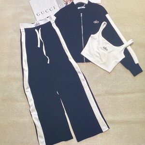 ALO Yoga Black and White Track Jacket Wide Leg Pants Crop Tank 3 Piece Set